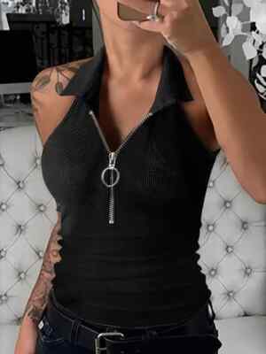 Half Zip Sleeveless Sexy Casual Turn Down Collar Fun Slim Tank Top NWT