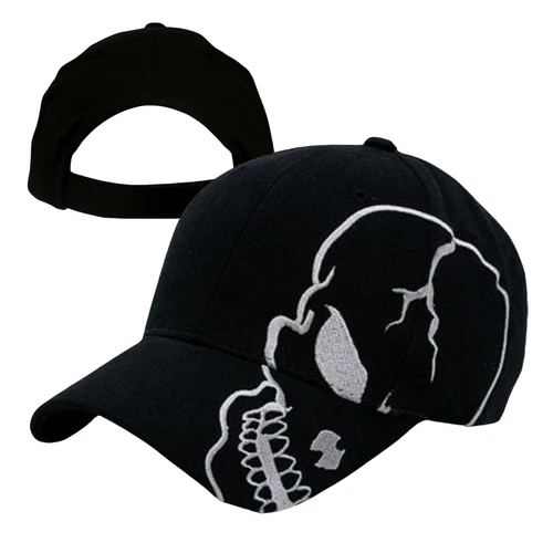 Black Gray Skull Skeleton Biker Hat – Skateboard Military Gothic Baseball Cap