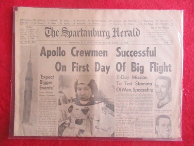 October 12, 1968 Spartanburg Herald newspaper Apollo 7 Mission