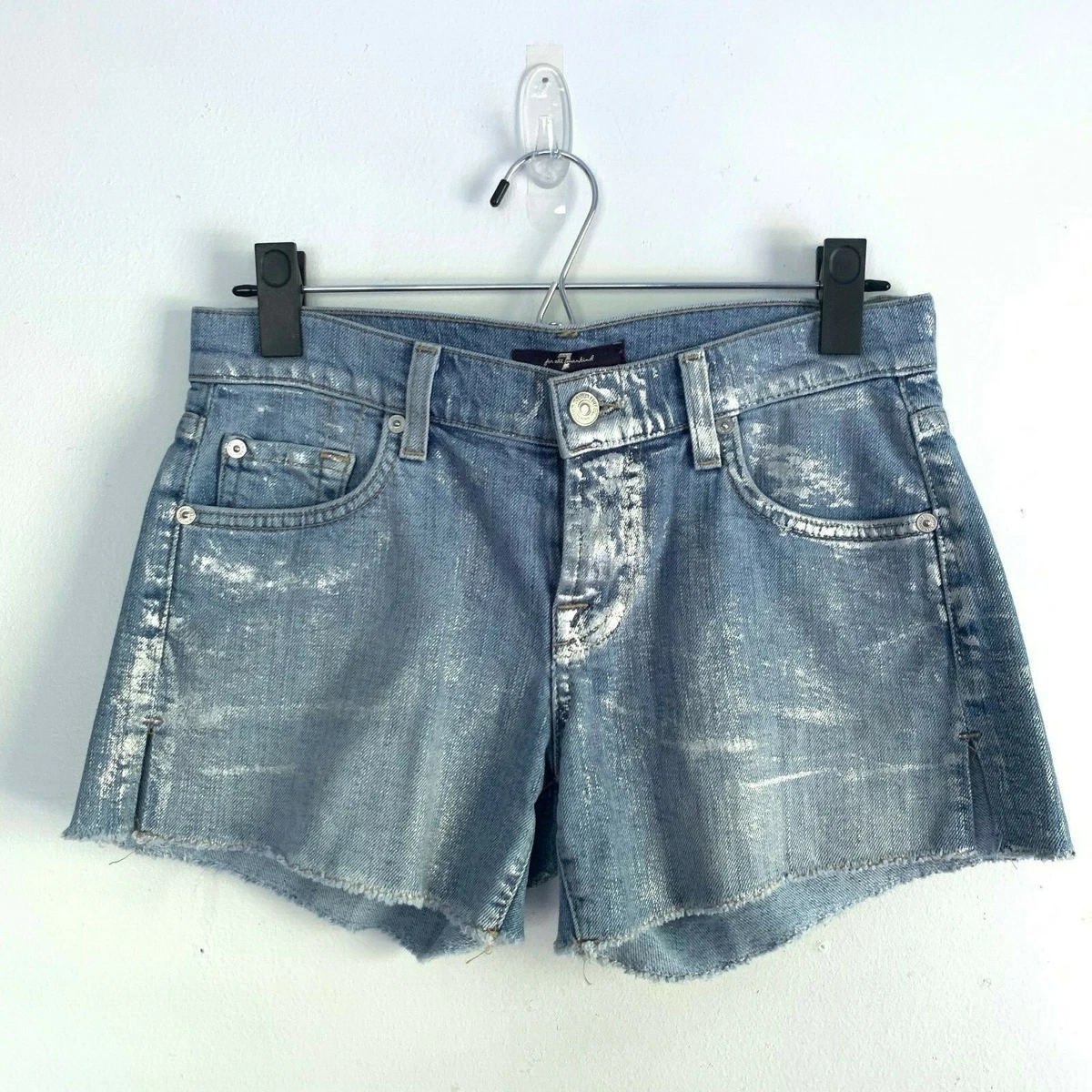 7 For All Mankind Womens Light Wash Silver Metallic Denim Shorts Size 24