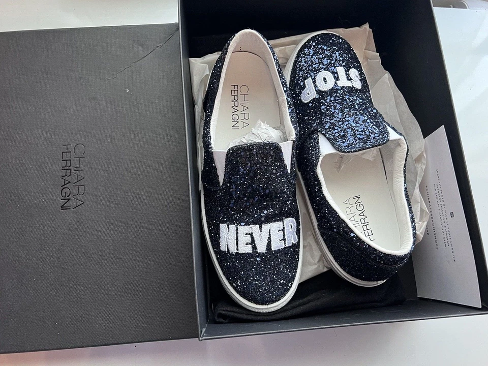 Chiara Ferragni "Never Stop" Blue Glitter Slip On Sneaker Sz EUR 38 - Image 2 of 4