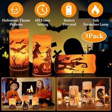 3PCS Halloween Flameless Flickering LED Candles with 6-Hour Timer Wax Candles