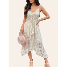NoBrand Beige Boho Dress Stretch Floral Lace VNeck Tassel Spaghetti Size Small S