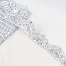 Silvery Lace Trim 5 Yards Beaded Ribbon Applique Sequin 5 Yards, Silver 
