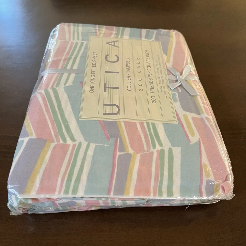 VINTAGE Collier Campbell ONE KING FITTED SHEET UTICA Brief Encounter Stripes - Image 4 of 4