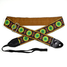 Vintage Hippie Embroidered Jacquard Guitar Strap, 1970s Japan, Metal Buckle