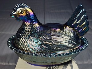 Vintage Indiana Glass Blue Iridescent Carnival Hen on Nest Covered Candy Dish 7”