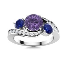 5MM Round Amethyst Blue Sapphire Three Stone Wedding Ring 925 Sterling Silver