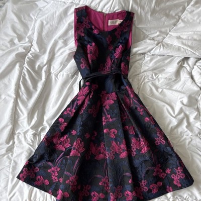 Eliza J Floral Jacquard Fit & Flare Dress Pink Navy Blue Sleeveless Size 4  | eBay