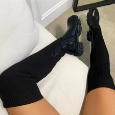 Womens Punk Stretch Knitted Over Knee Thigh High Boots Block Heels Knight Shoes