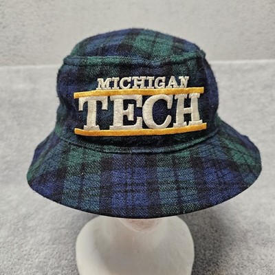 VTG Michigan Tech Bucket Hat XL Blackwater Plaid USA 2 Bar Spellout Boonie Cap