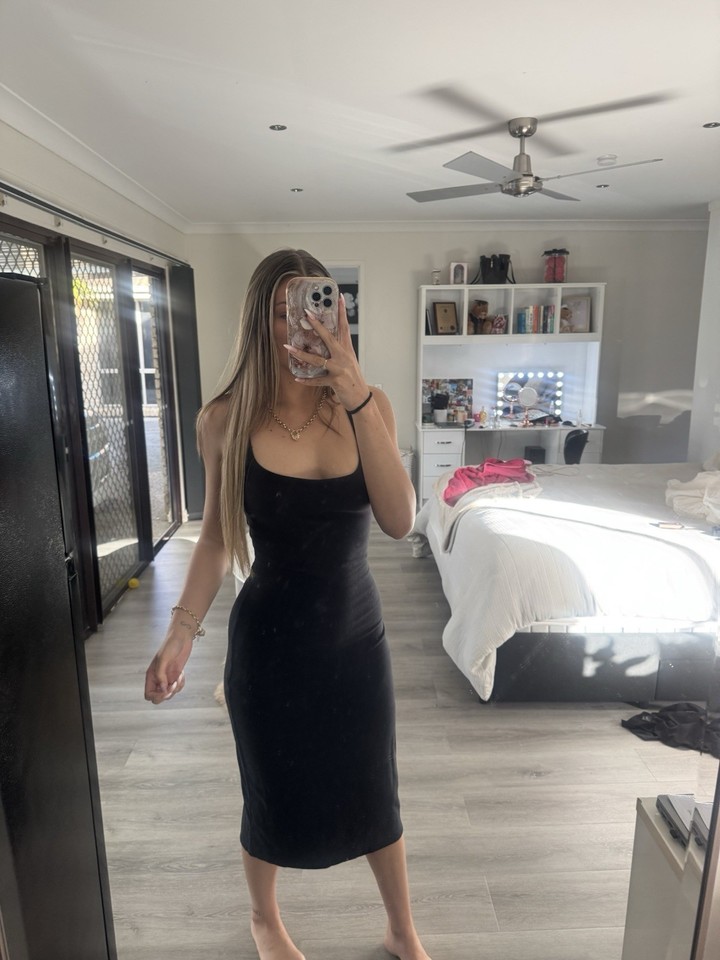 Kookai Black Knit Bodycon Midi Dress Square Neck Sleeveless Size 36