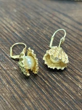 VINTAGE GOLD PLATED SEA SHELL FAUX PEARL EARRINGS NAUTICAL