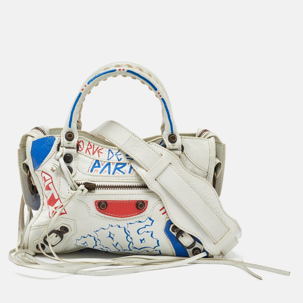 Balenciaga White Leather Graffiti Mini Metallic Edge City Balenciaga White Leather Graffiti Mini Metallic Edge City