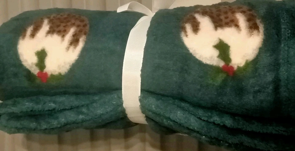 PRINTED CHRISTMAS PUDDING THEMED GREEN FLEECE THROW, 120cm x 150cm - Image 2 of 4