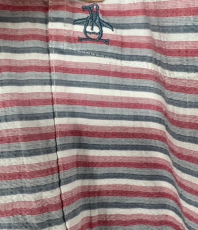 Original penguin men’s XL button down shirt Short Sleeve Striped Pink White Top - Image 2 of 4