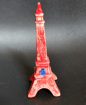 Vintage Red Ceramic Eiffel Tower 4 7/8''Tall Blue Highlights Paris Hand Painted
