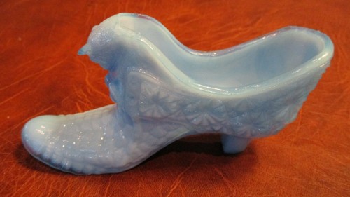 Vintage Fenton Blue Slag Glass Shoe Daisy & Button Cat Head Shoe Slipper MINT