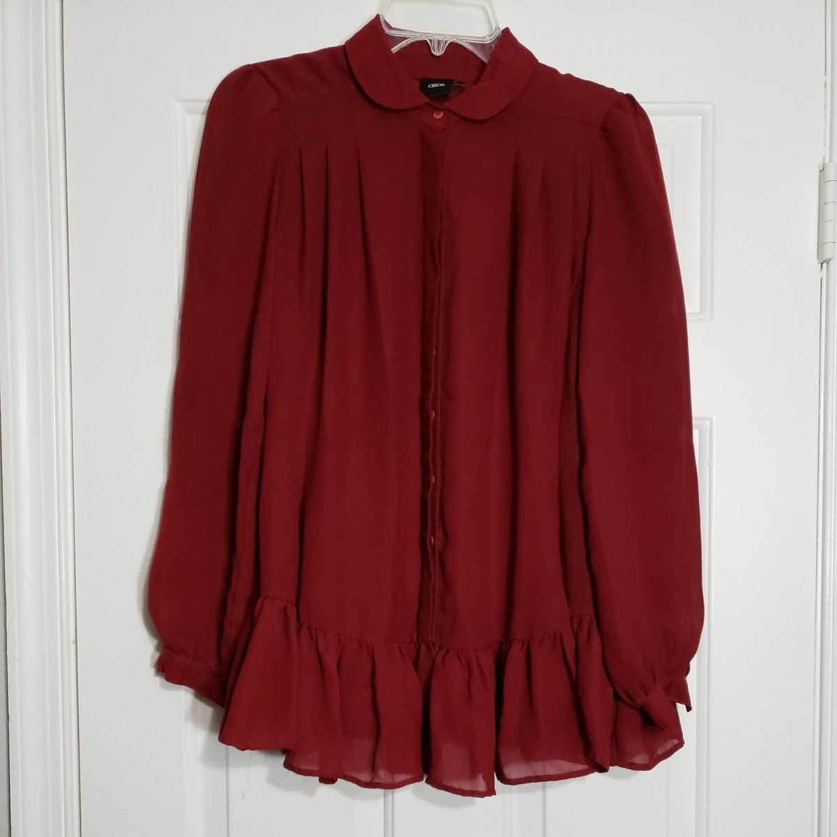 ASOS Sheer Crepe Button Up Ruffle Long Sleeve Shirt Red Valentines