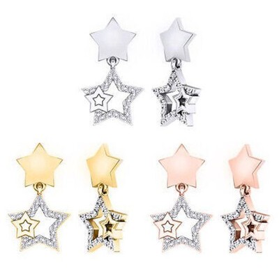 1/10 Ct Cut White Natural Diamond 10K Solid Gold Star Dangle Earrings