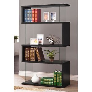 Black Wood Glass Modern Bookcase, Black Bookcase Glass Shelves