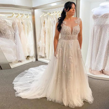 Elegant Lace Wedding Dresses White/Ivory Lace Applique Scoop Neck Bridal Gowns