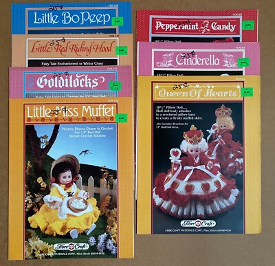 7 Fibre Craft Crochet Pattern Books 10 1/2'' Pillow 13'' Bed Standing Doll Dresses