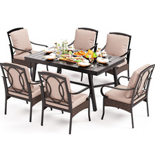 7 Pcs Patio Dining Set Rattan Wicker Dining Chair Extra Metal Extendable Table