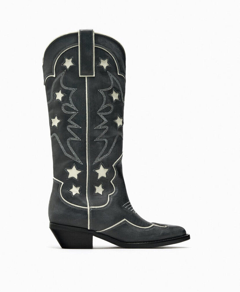 ZARA LEATHER COWBOY BOOTS WITH STARS BLACK NEW AW23 ALL SIZE ZARA LEATHER COWBOY BOOTS WITH STARS BLACK NEW AW23 ALL SIZE