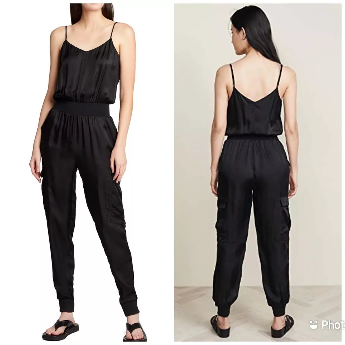 Cinq A Sept Amia Satin Sleeveless Cargo Slouchy Black S Twill Jumpsuit