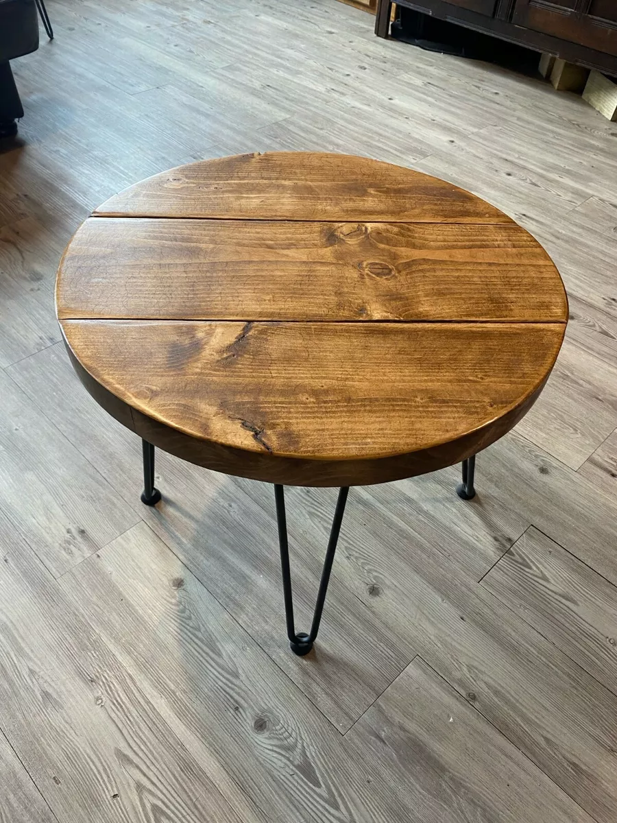 Round wood coffee table with hairpin legs outlet