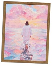 Pink Jesus Walking On Water Wall Art, Frame 3D Textured 16"L x 12"W pink yesu