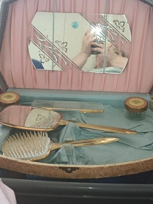 Vintage Vanity Set Mirror Brush Comb Powder Jar Floral Gold Trim in Case