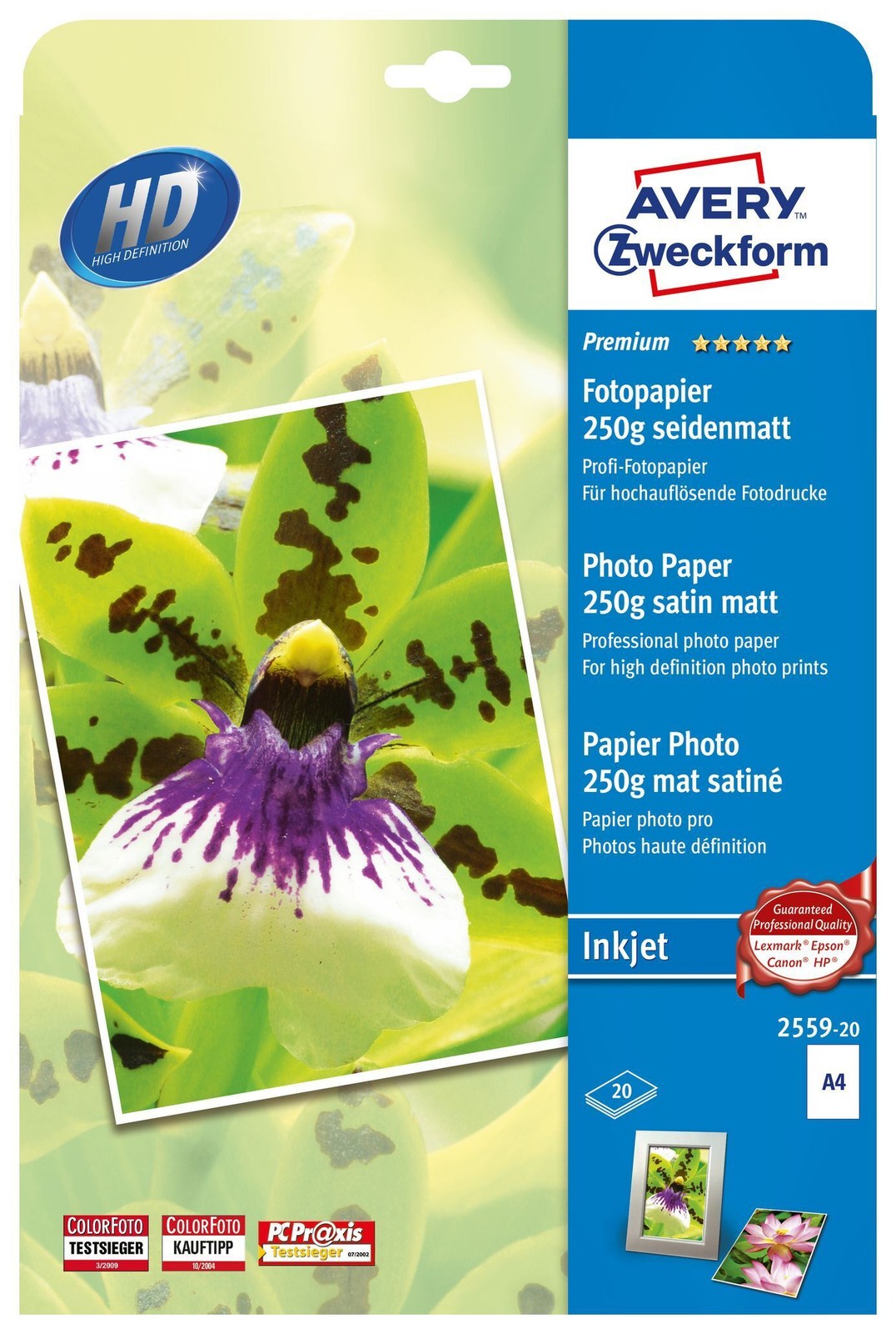 Avery 2559-20 Premium Inkjet Fotopapier seidenmatt DIN A4 250gm 20 Blatt 4590₽