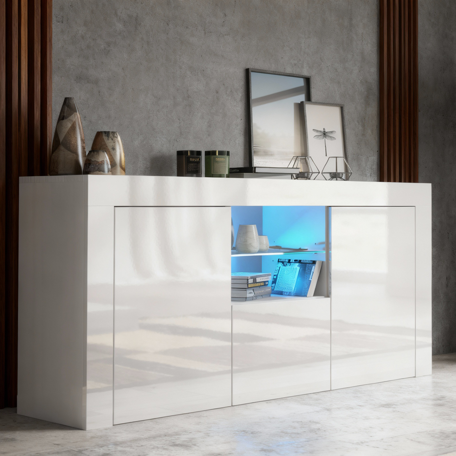 TV Unit TV Stand Sideboard Storage Cabinet Modern LED Shelf White Gloss 145cm