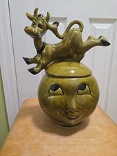 VTG DORRANE COW JUMP OVER THE MOON USA CERAMIC COOKIE JAR GREEN 13 1/2" TALL