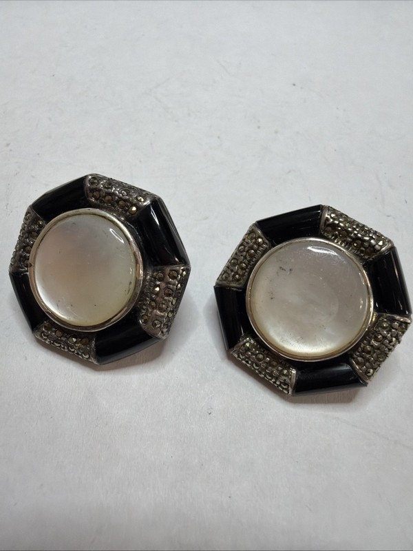 Vtg Sterling Silver MOP Onyx Marcasite Geometric Round Clip On Earrings 925  H8