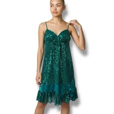 Vintage Betsey Johnson Jeweled Green Sequin Ribbon Holiday Glam Slip Dress 6