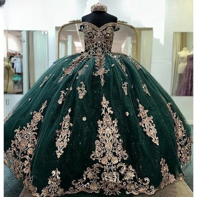 Emerald Green Off-The-Shoulder QuinceaneraDress BallGownGold Embroidered Sparkly