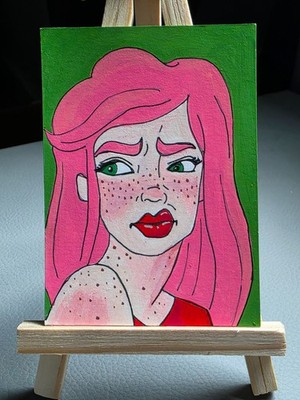 ACEO Beautiful Woman Green Eyes Pink Hair Original Painting SLBArtAndDesign