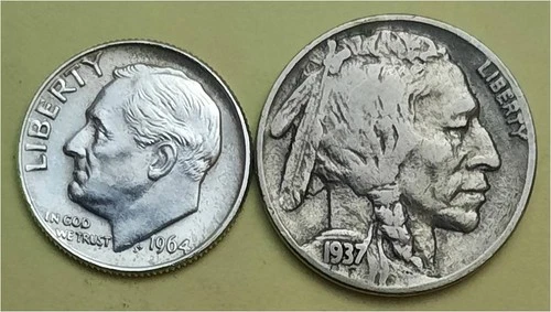 Lot of 2 Coins- 1 90% Silver Roosevelt 10c (1964D) & 1 Better Buffalo 5c (1937P)