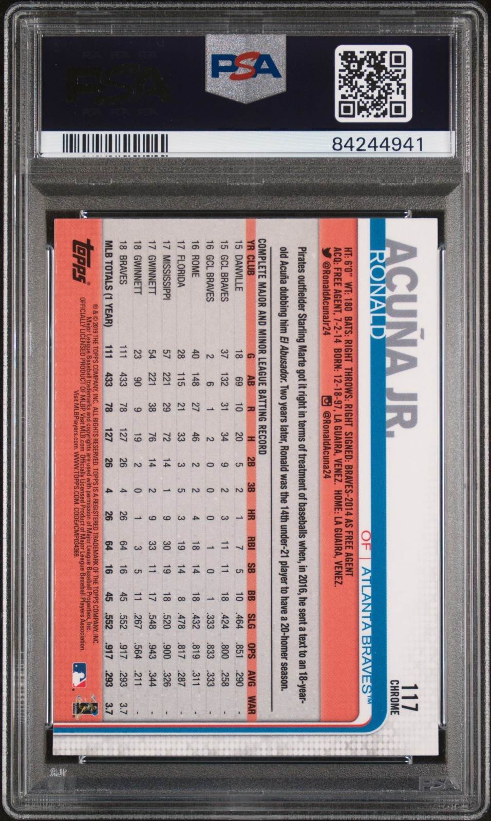 2019 Topps Chrome #117 Ronald Acuna Jr - PSA 10 Gem Mint - Braves view 2