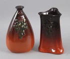 2 Antique c1904 Signed WELLER Art Pottery Vases Embossed Grapes FLORETTA Pattern
