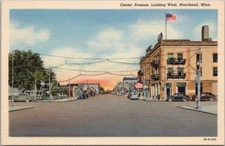 MOORHEAD, Minnesota Postcard "CENTER AVENUE, Looking West" Downtown Scene Linen