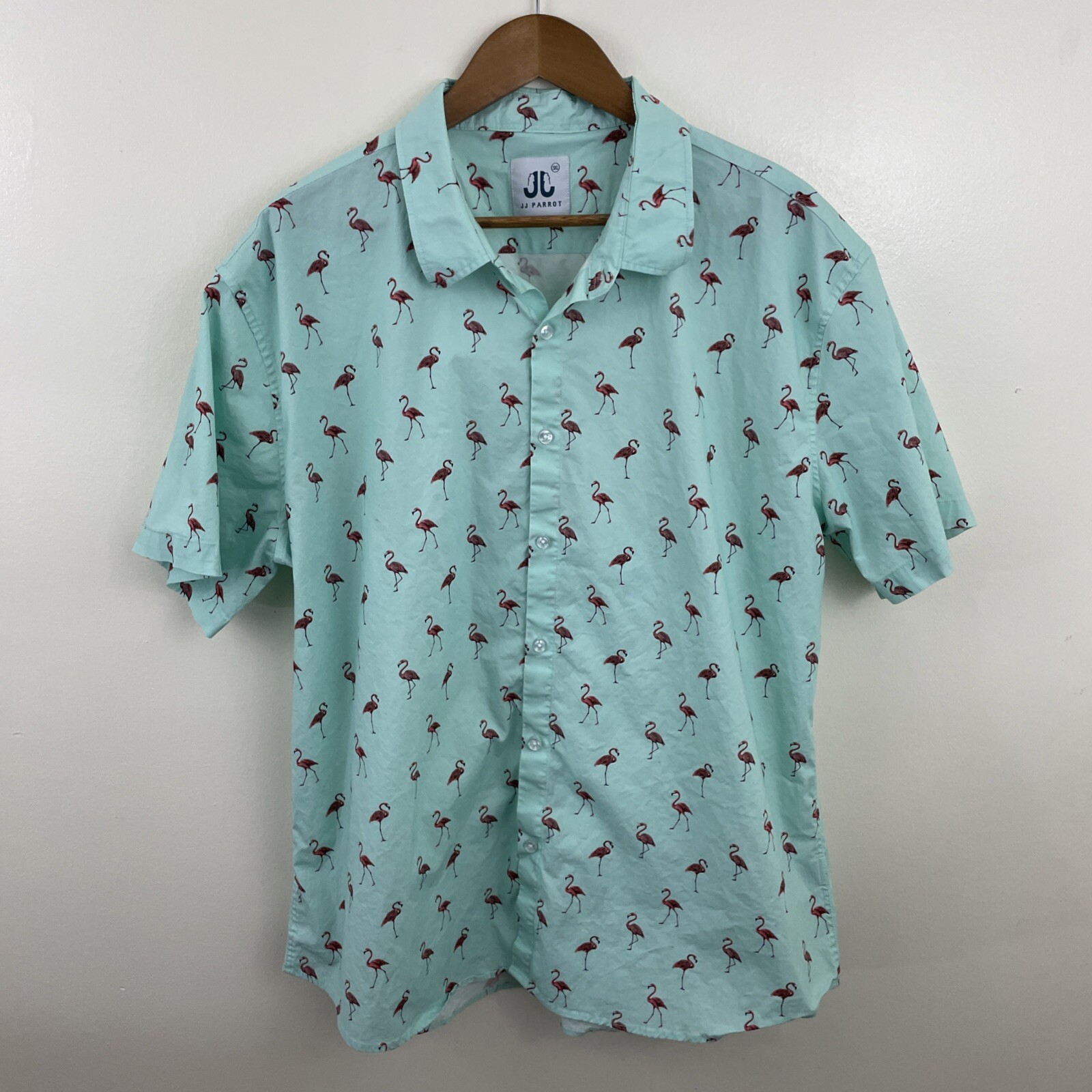 JJ Parrot Shirt Mens 3XL (2XL) Mint Flamingo Print Short Sleeve Button Stretch *