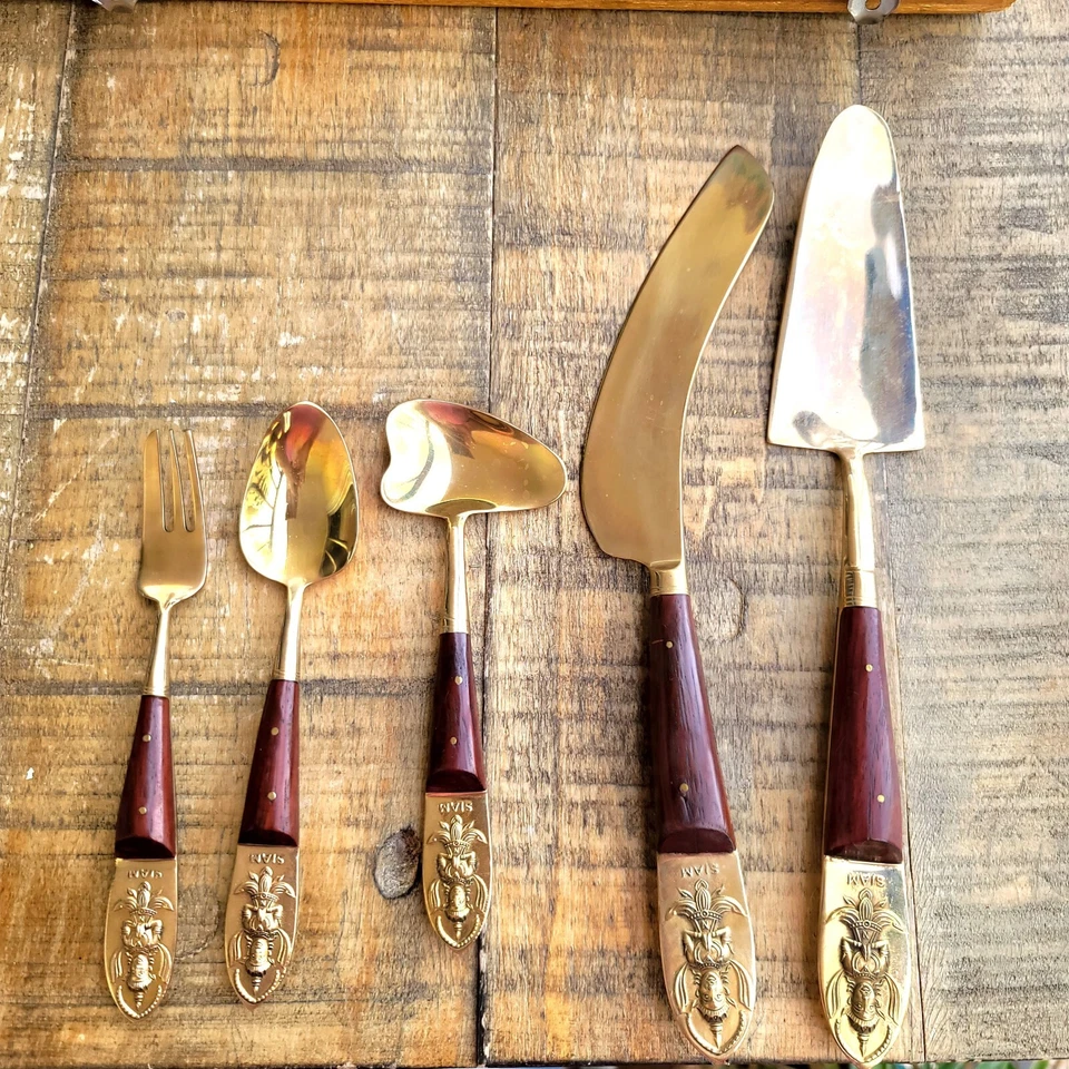 Juego de 8 cubiertos de postre de latón teca vintage Tailandia Siam con estuche de madera  Foto 4 de 4