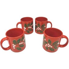 Waechtersbach Germany Red Coffee Tea Mugs Cups Holly Chistmas Germany Set of 4
