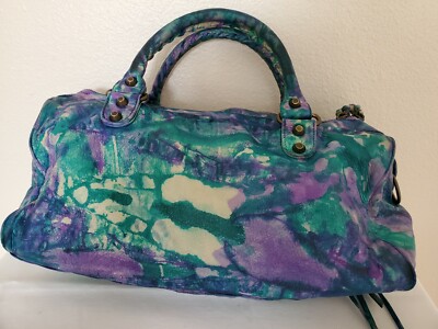 Balenciaga tie dyed graffiti giant city bag green denim blue