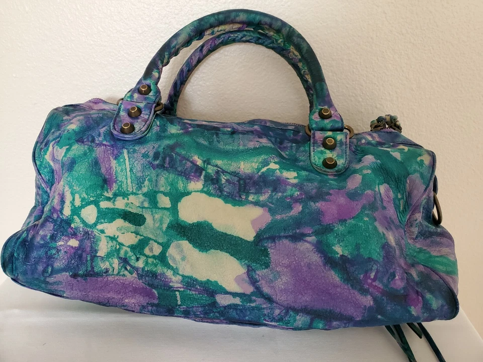 Balenciaga Corbata Teñida Graffiti Gigante Bolso Ciudad Verde Denim Azul Morado Twiggy Blanco Foto 4 de 4