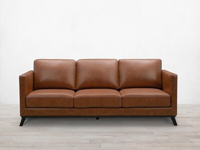Abbyson Living Mid-Century Modern Premium Top Grain 3-Seater Leather Sofa, Camel